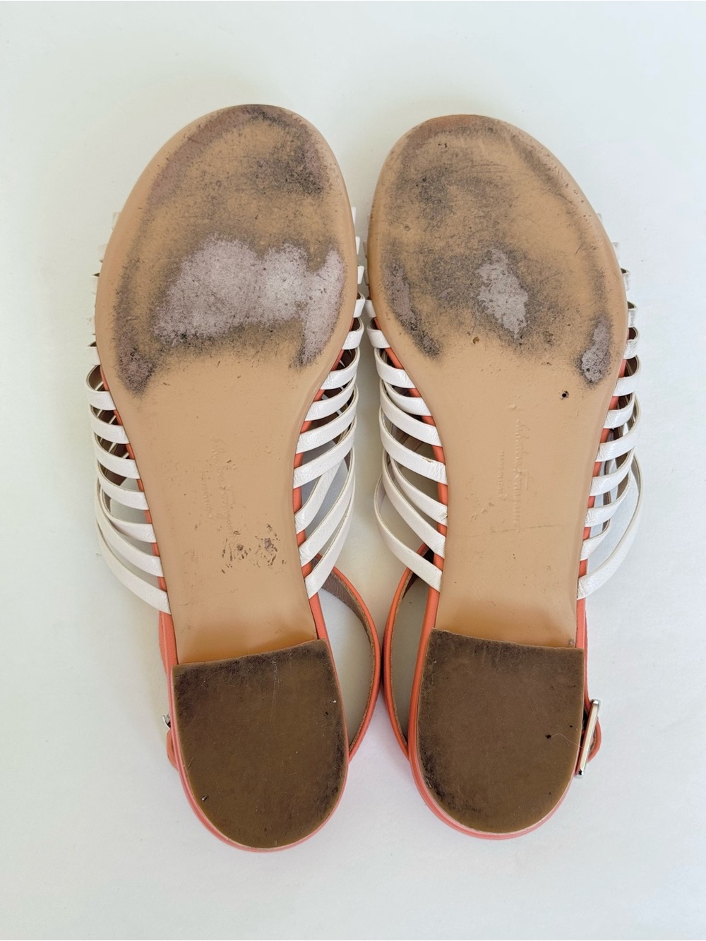 Salvatore Ferragamo Coral and Cream Woven Leather Slingback Sandals - Size 7 - Picture 9 of 9